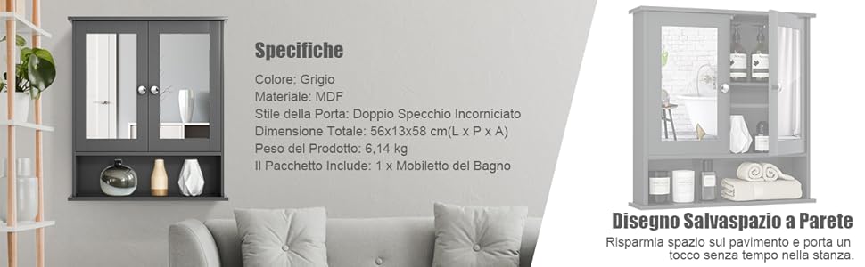 COSTWAY Armadietto Da Bagno Con Specchio, Armadietto Da Parete Con Ripiano Regolabile, Mobile Da Parete Per Bagno, 56 X 12,5 X 58 Cm (Grigio) 17 1