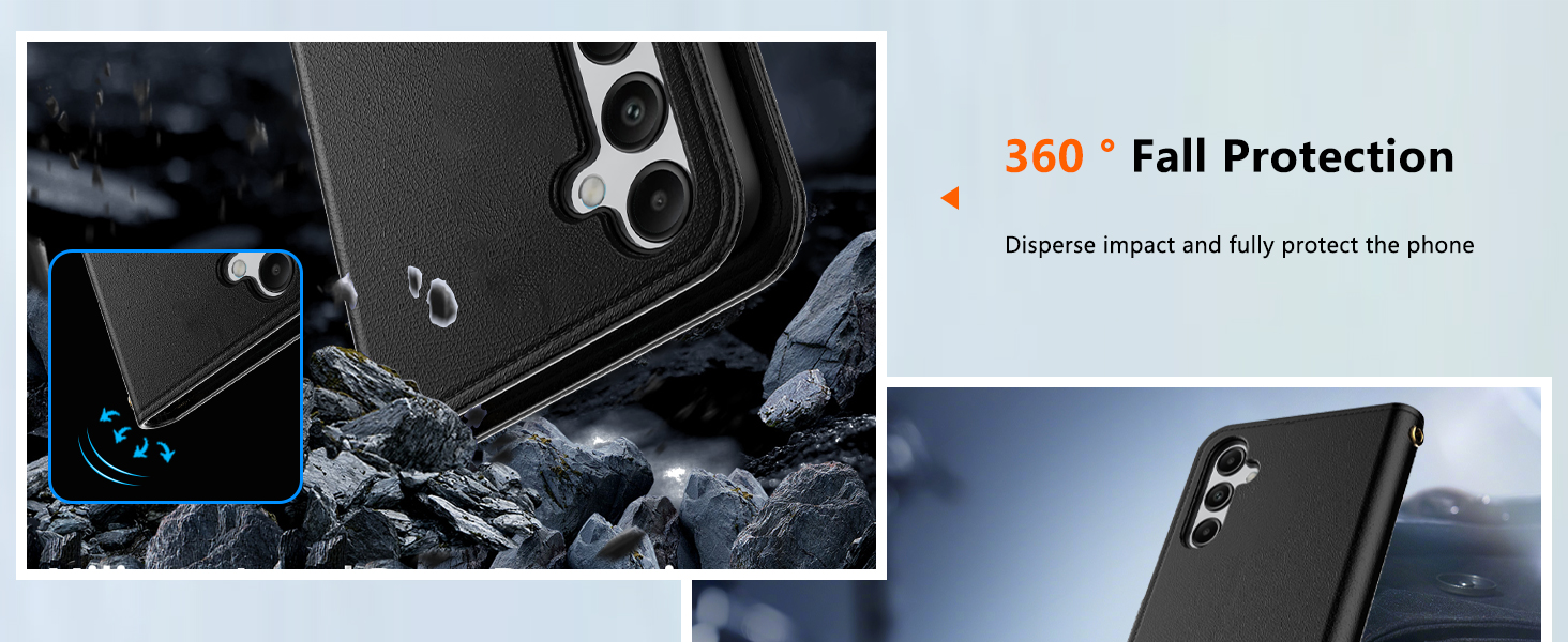 Text reads '360° Fall Protection'. Dark technical product image showing protective gear or safety equipment with highlighted features.