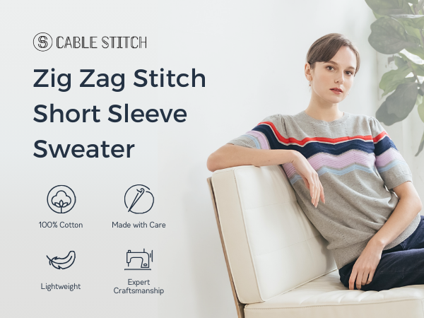 Cable Stitch Women's Zig Zag Stitch Short Sleeve Sweater