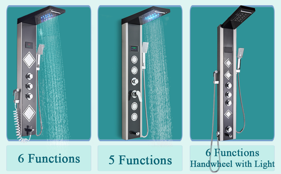 SUGUWORD Shower Tower Panel Stainless Steel 5 Functions Rainfall Waterfall Shower Head Hydroelectricity Massage Jet Handheld Shower Sprayer Wall Mounted Brushed Nickel And Black Shower Panel Column 12 Shower Tower Panel