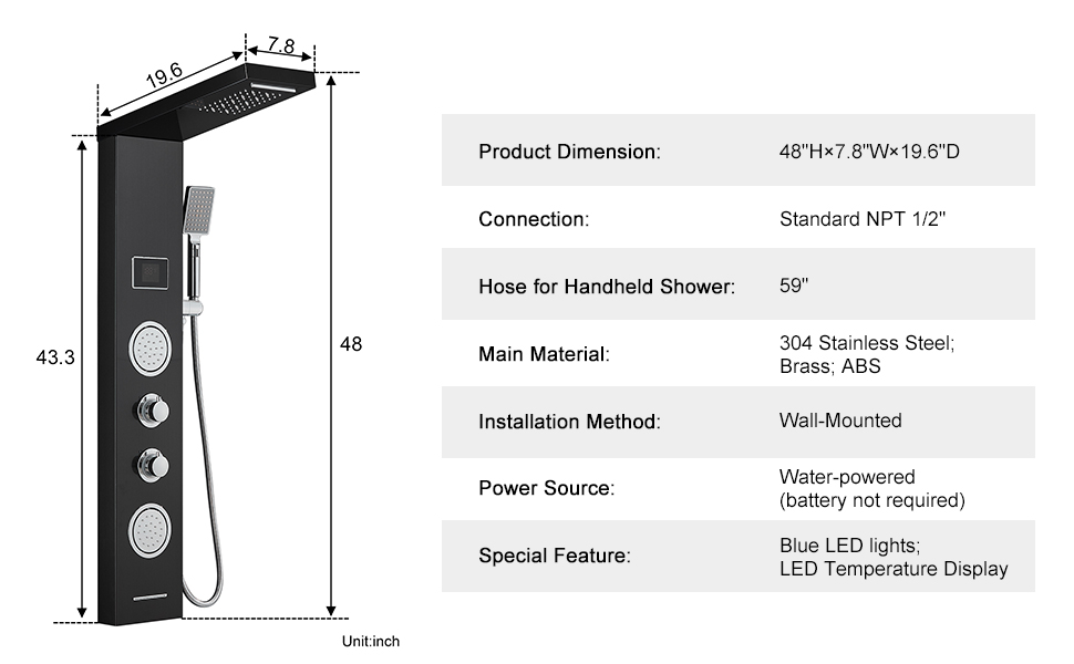 ROVATE Shower Panel Tower System with LED Rainfall Waterfall Shower Head, 5in1 LED Stainless
