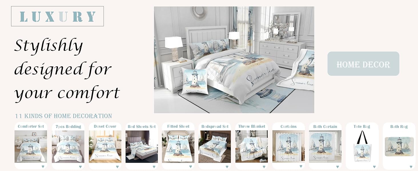Summer Beach Down Comforter Full Size Decoratives Sea Adventure Bedroom Decor, Luxury White Blue