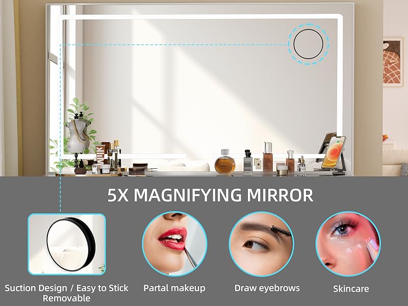 vanity desk with mirror and lights