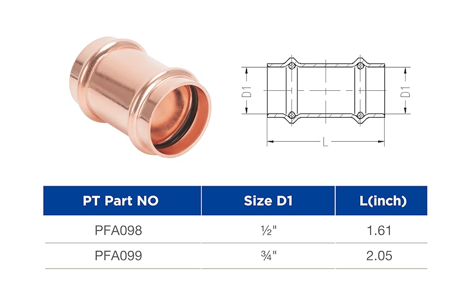 Cherbo Propress Copper Fittings 1/2 inch Coupling No Stop Zero Lead P x