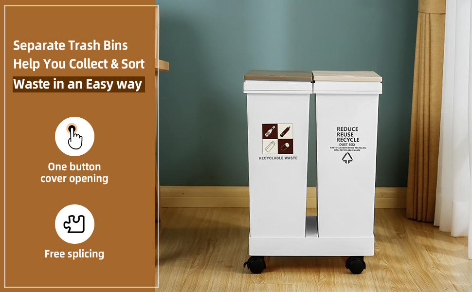 12L x 2 Compartment Trash Can with Wheels, 24L/6Gallon