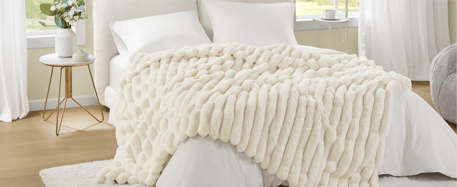 Hyde Lane Faux Rabbit Fur Striped Throw Blanket Queen Size