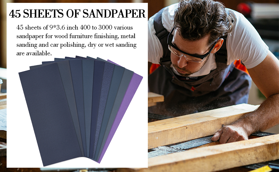 45 Sheets of 9 * 3.6 inch 400 to 3000 Various Sandpaper for Wood