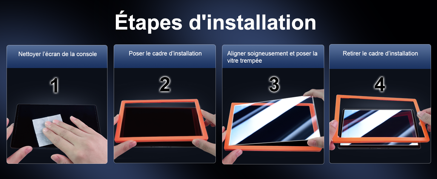 Guide d'installation à quatre panneaux présentant les étapes séquentielles d'application d'un film ou d'un revêtement protecteur sur une surface.