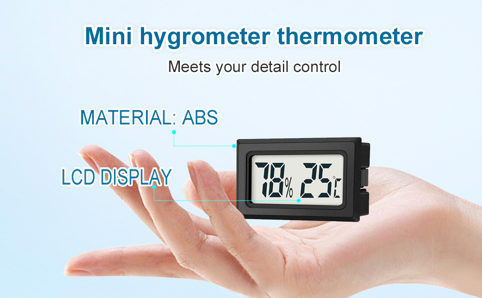 Der Text lautet „Mini-Hygrometer-Thermometer“ und „LCD-DISPLAY“. Digitales Gerät mit LCD-Bildschirm, auf dem die Temperaturwerte vor blauem Hintergrund angezeigt werden.