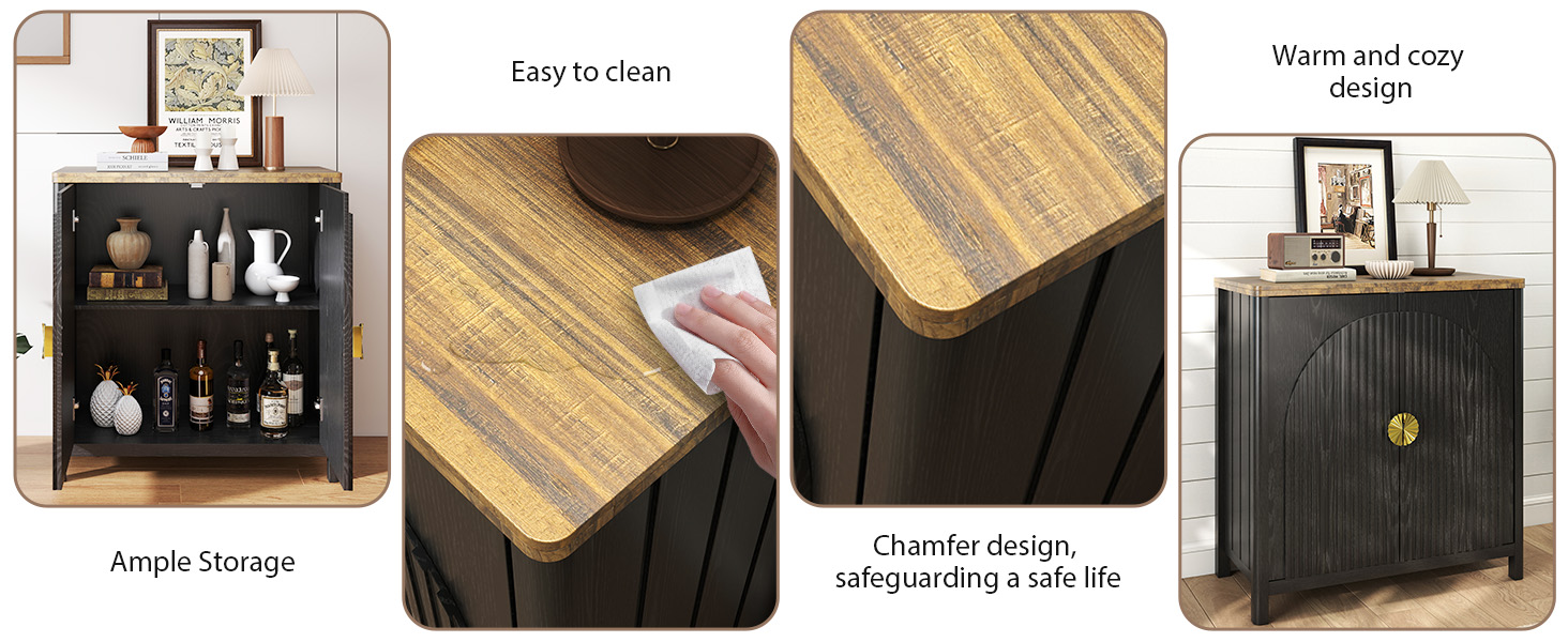 Der Text lautet „Leicht zu reinigen“, „Warmes und gemütliches Design“, „Reichlich Stauraum“. Mehrteiliges Bild, das einen schwarzen Aufbewahrungsschrank mit Holzplatte aus verschiedenen Blickwinkeln zeigt.