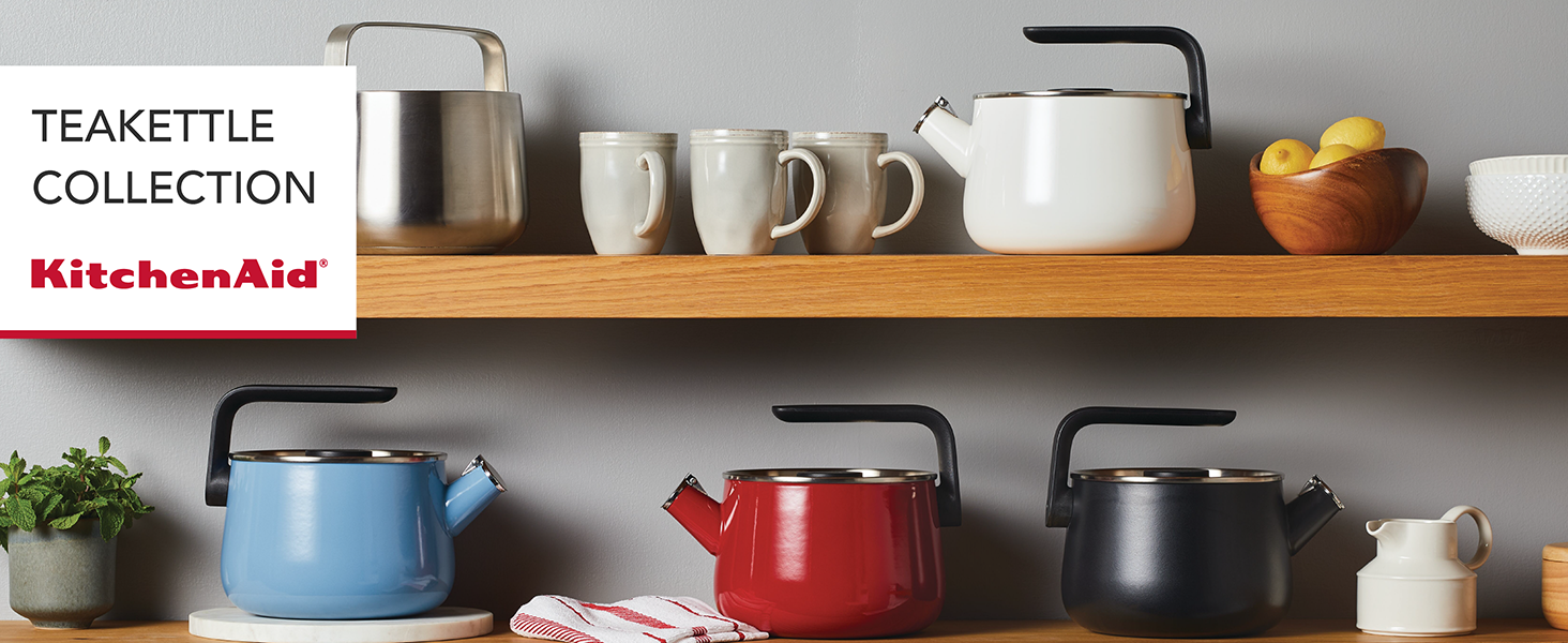 Kitchenaid tea kettles on shelf in different colors