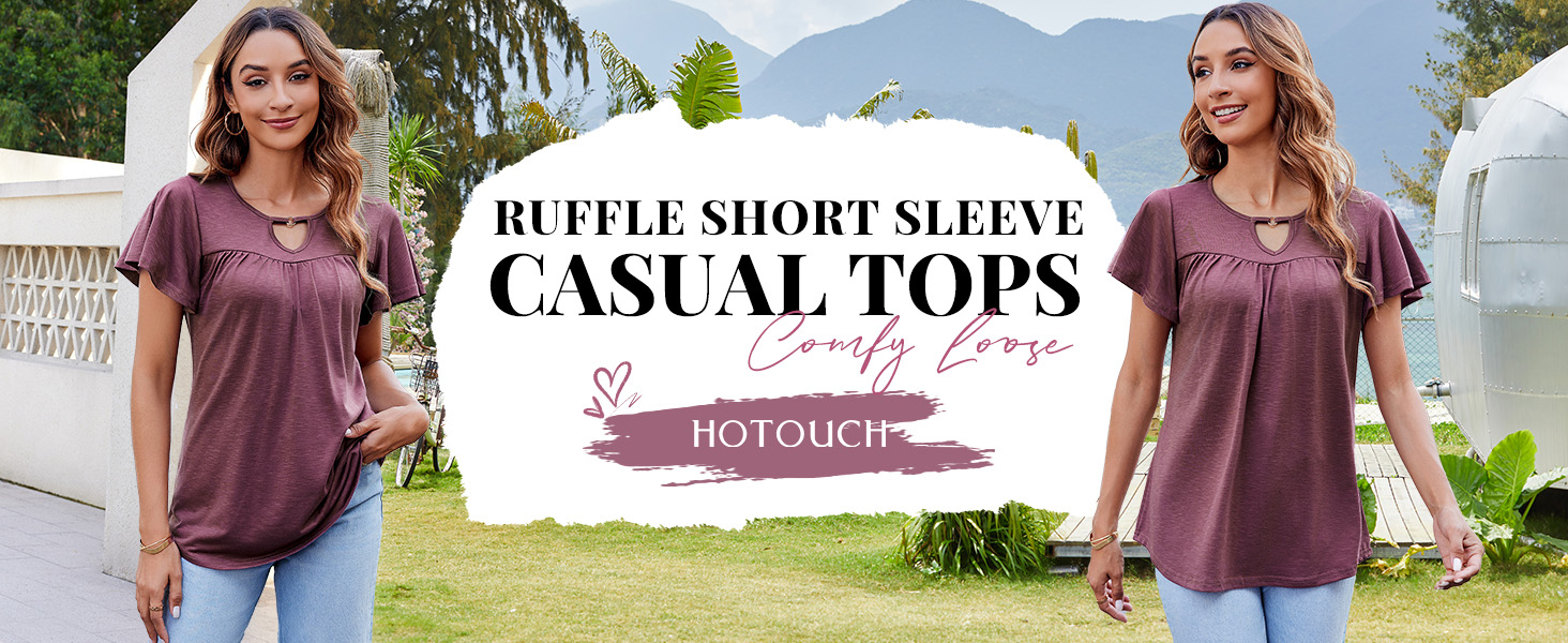 Summer Tops Ruffle Short Sleeve Shirts Casual Loose Tunic Blouses to Wear with Leggings