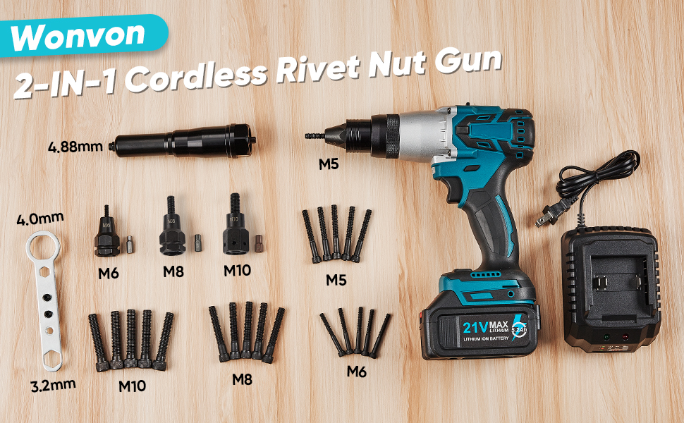 2IN1 Cordless Rivet Nut Gun Set (M5 & M6 & M8 & M10), Portable Battery Powered Pop