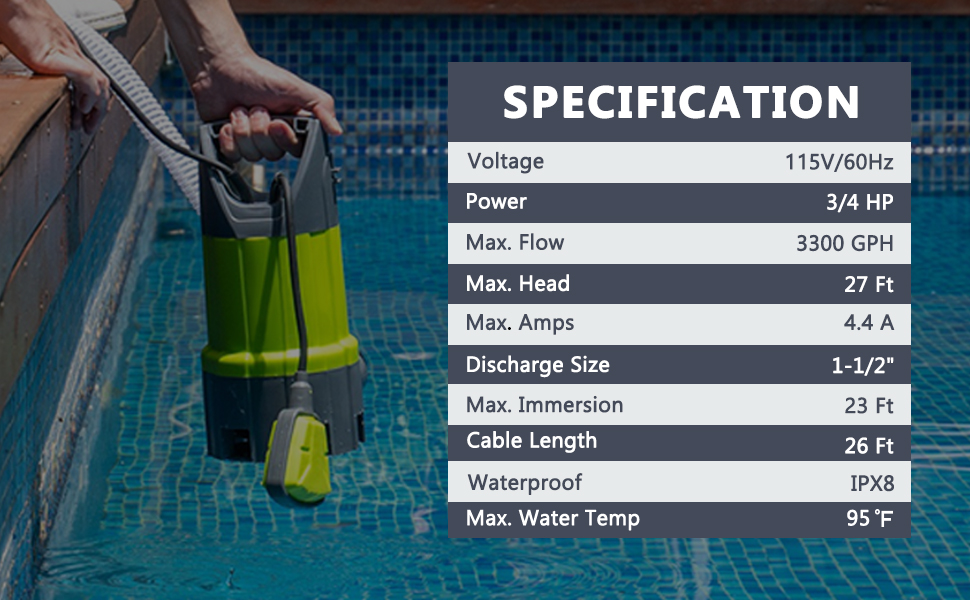 FLUENTPOWER 3/4HP Sump Pump 3300GPH Submersible Dirty Water Pump, Auto/Manual Control with 26