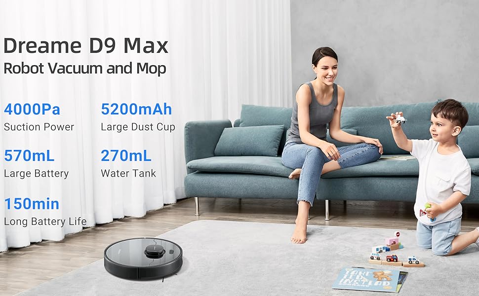 Dreame D9 Max Robot Vacuum Cleaner and Mop, 4000Pa Strong Suction