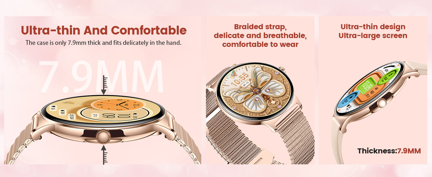 Smart watch with ultra-thin design, large round screen, and braided strap. Features include comfortable wear, breathable band, and 7.9MM thickness. Three views show face, side, and back details.