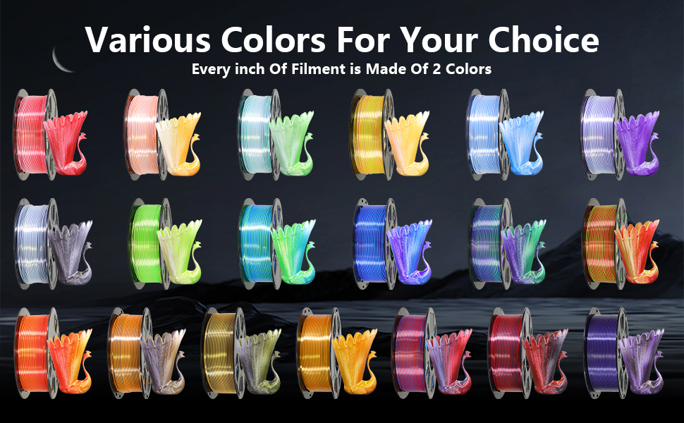 1.75mm dual color in 1 silk shiny pla 3d printer filament printing silk pla 2 color in 1 pla