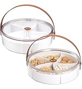 2 Pack Round Divided Serving Tray with Lid and Handle, Snackle Box Charcuterie Container, Portabl...