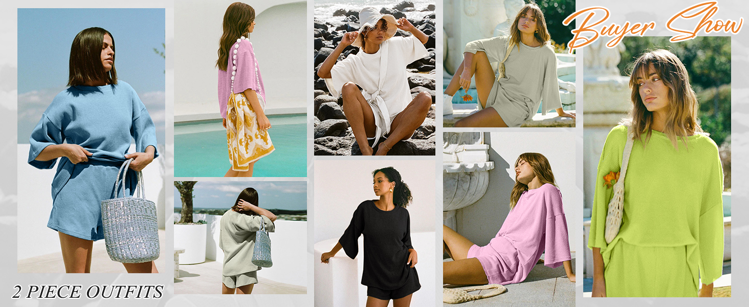 Womens Lounge Set 2 Piece Outfits Crewneck 3/4 Sleeve Tops and Shorts Casual Pajamas Sets