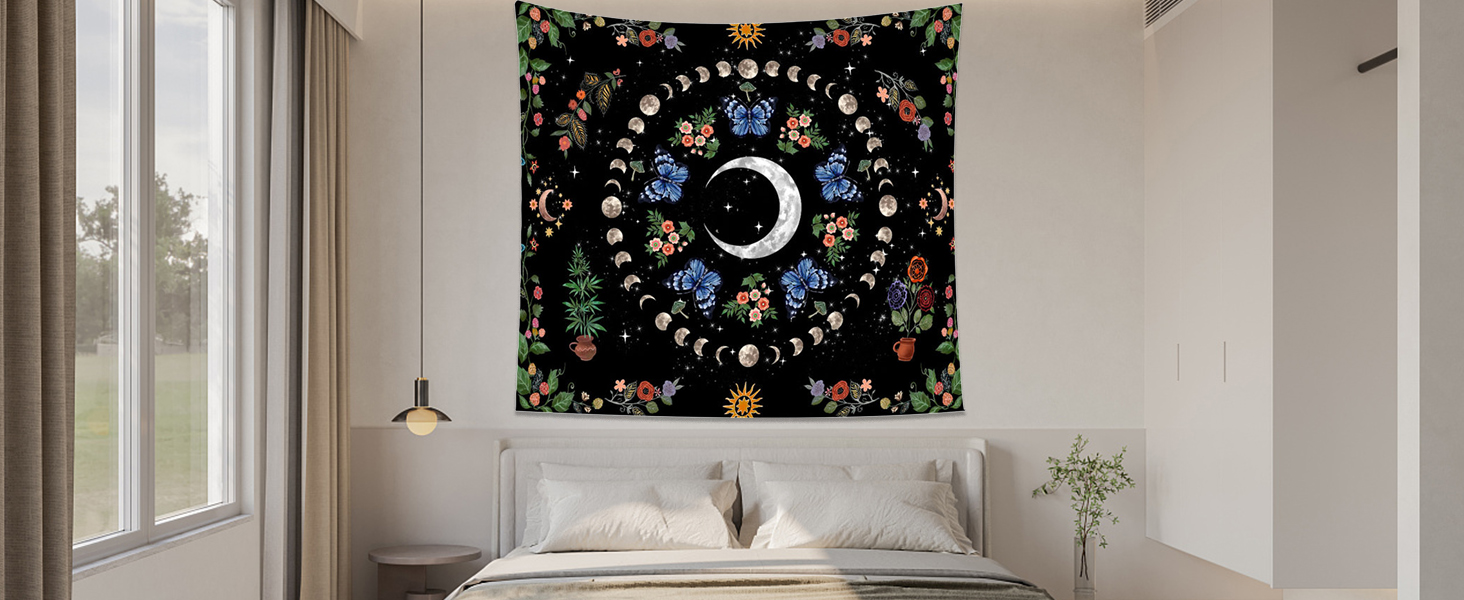Avinyl Blue Butterfly Moon Wall Tapestry for Bedroom, Boho Botanical Floral Moth