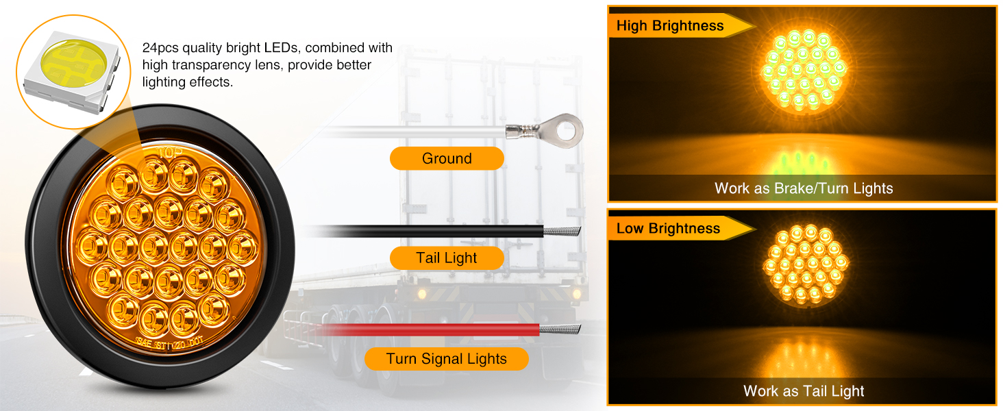 4Inch Round Trailer Tail Light 2PCS 24LED Amber Turn Signals Light