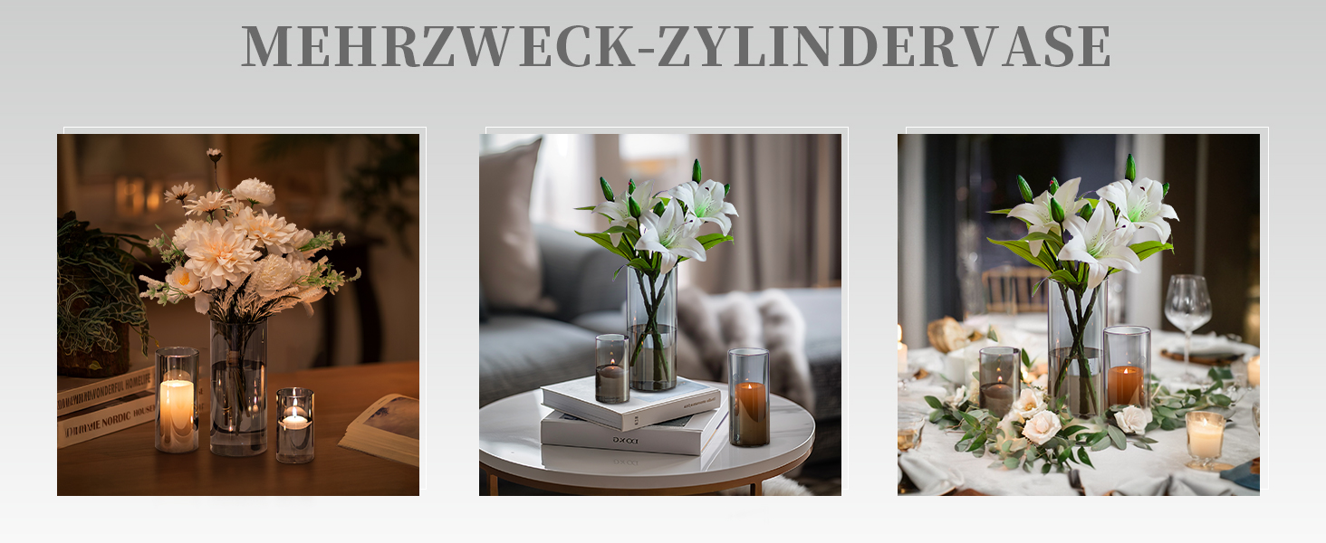 Der Text lautet „MEHRZWECK-ZYLINDERVASE“. Drei Fotos zeigen zylindrische Glasvasen mit Blumenarrangements in verschiedenen Umgebungen — Esstisch, Beistelltisch und Nahaufnahme.