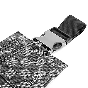 Close-up of the durable and adjustable buckle on the travel wallet for a secure fit.