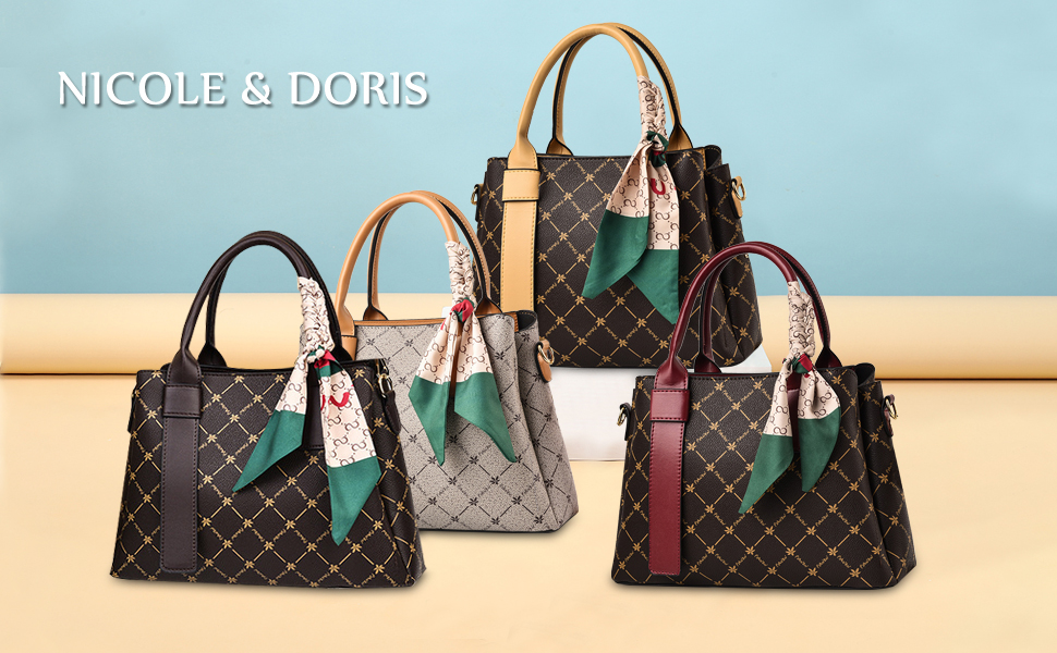 Sac à Main Femme NICOLE & DORIS - Sac Bandoulière élégant En PU Avec Foulard Soie - Multi-poches - Café