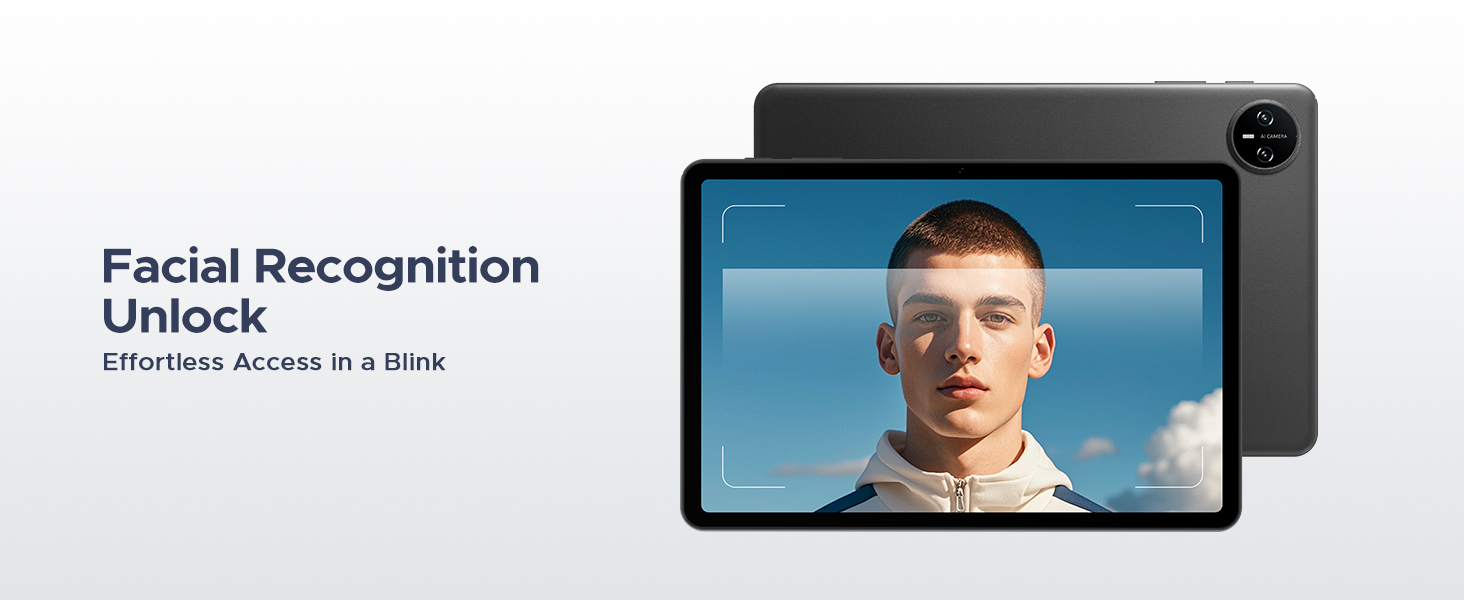Multiple interface screens showing smartphone facial recognition setup process with scan lines and face outline graphics in blue and white color scheme.