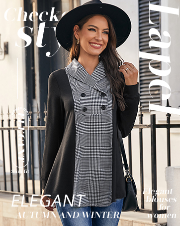 Ladies Long Sleeve Casual Business Lapel V Neck Plaid Tunics Sweaters Fall Winter Sweatershirts