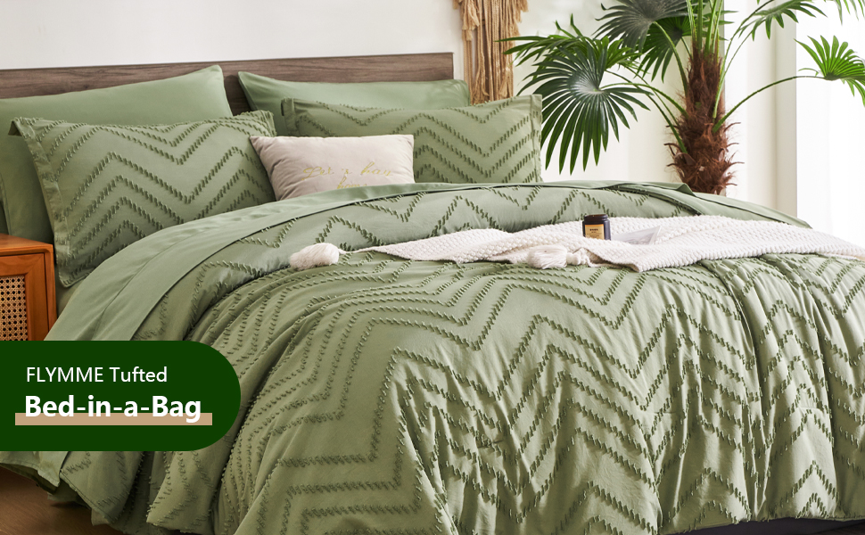 FLYMME Sage Green Full Size Comforter Sets with Sheets