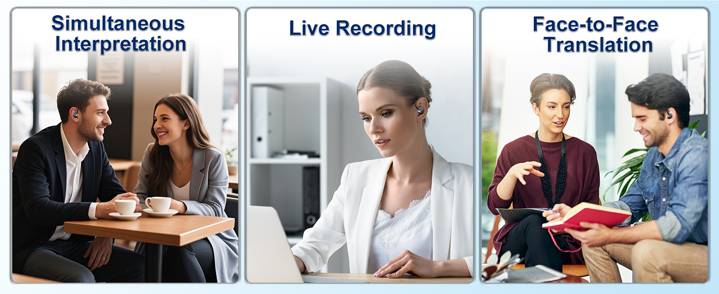 Text reads 'Simultaneous Interpretation', 'Live Recording', 'Face-to-Face Translation'. Three panels showing different translation scenarios.