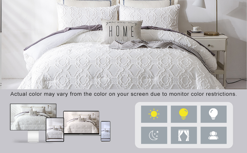 JEZIVLO Tufted White Comforter Set Queen Size 3 Pieces