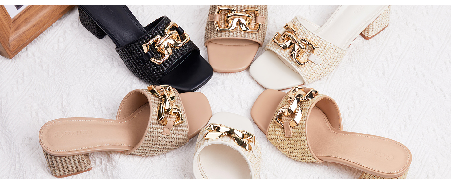 Womens Raffia Slide Sandals Chunky Block Heeled Open Toe Metal Chain Slip on Mules Dress Shoes