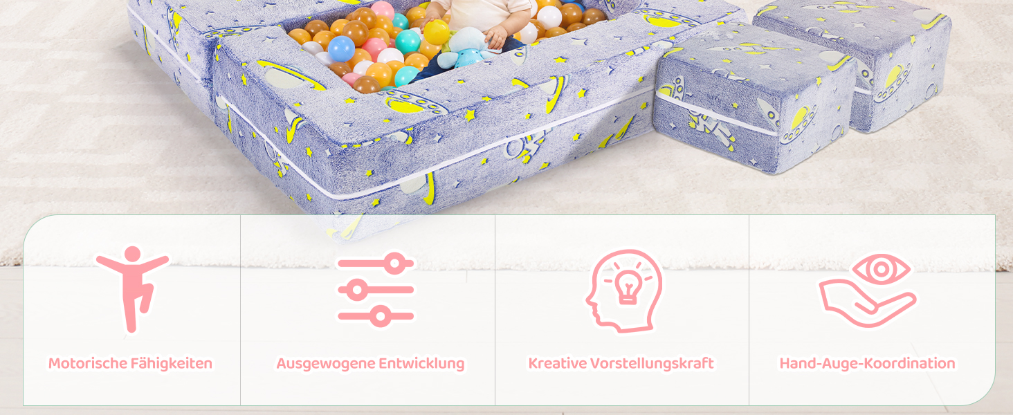 Drei Aufbewahrungsboxen aus grauem Stoff mit bunten Kugeln in der offenen. Die folgenden Symbole stehen für Produktmerkmale.