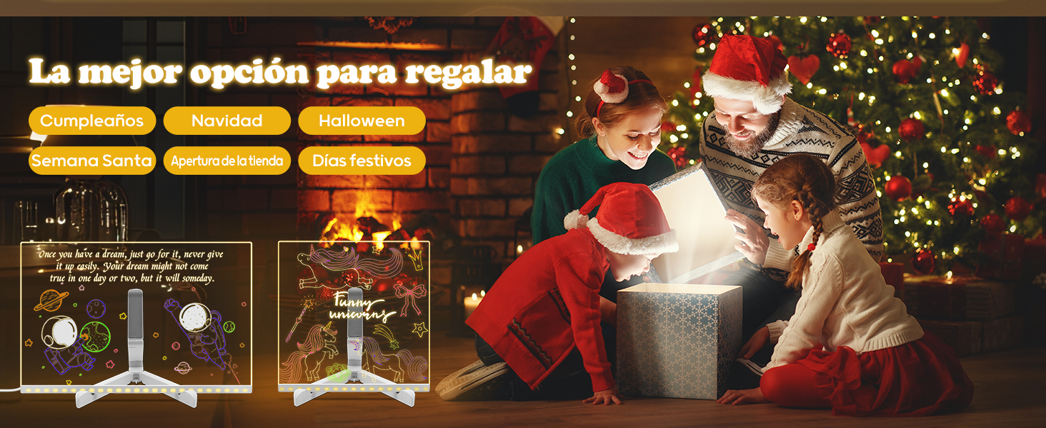 El texto dice: «La mejor opción para regalar». Imagen promocional con temática navideña que muestra un árbol de Navidad decorado y un escenario para regalar.
