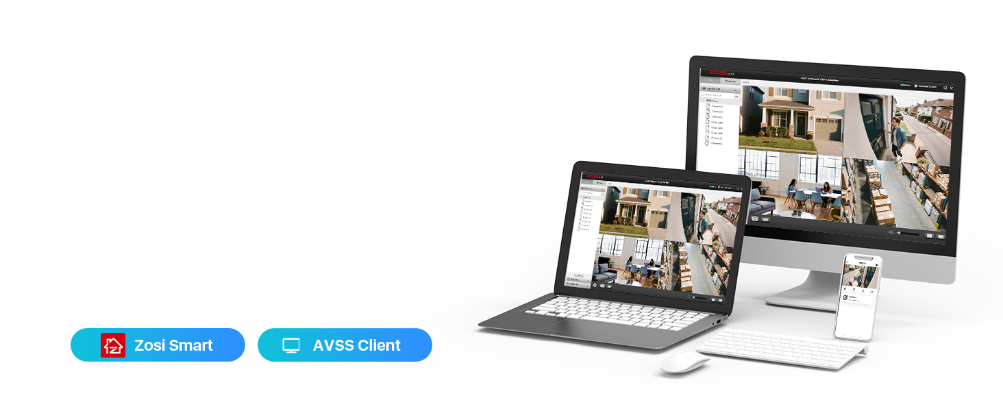 Three devices displaying a multi-camera security system interface: desktop monitor, laptop, and smartphone. Blue buttons labeled 'Zosi smart' and 'Avss Client' below.