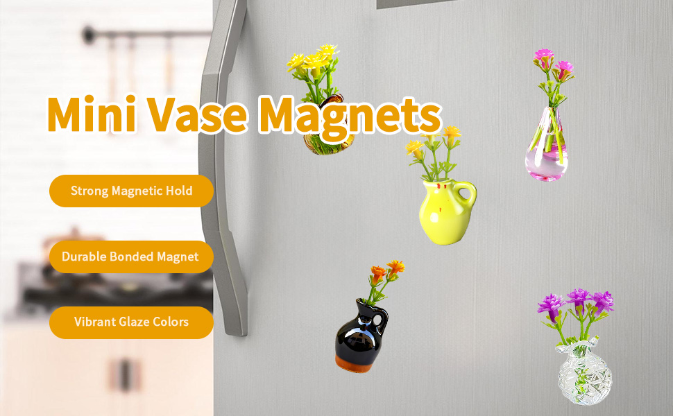 Assorted mini vase magnets—strong hold, durable bonded magnet, vibrant color finish