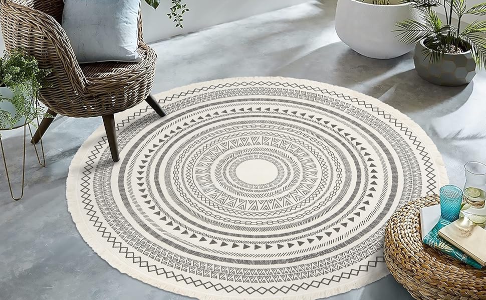 Yomshi Round Rug Bohemian 4ft Circle Area Rug Cotton Rugs with