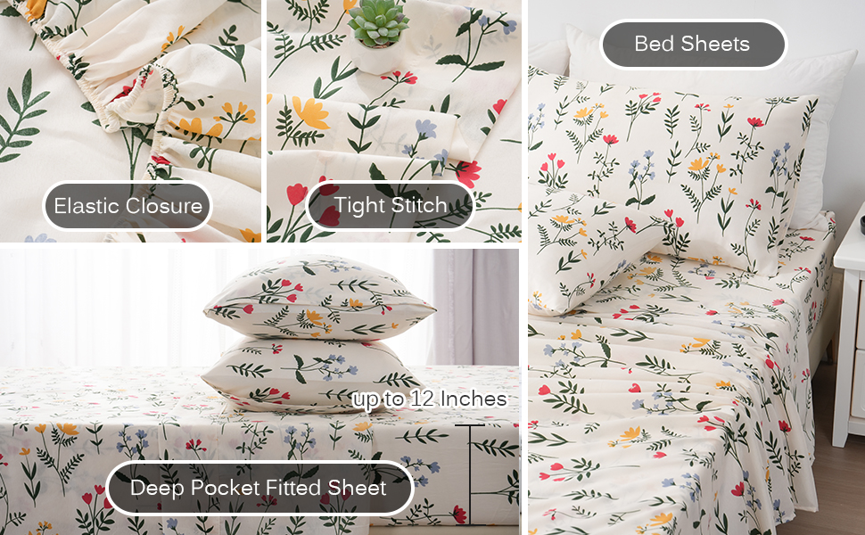 Colorful Floral Sheet Set King Size, 4 Pieces Flower Botanical Bedding