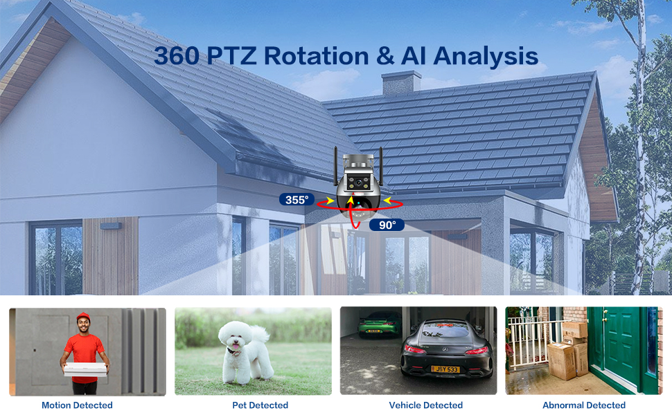 dual lens outdoor camera, 360 degree ptz rotation, AI pet/human/car detected