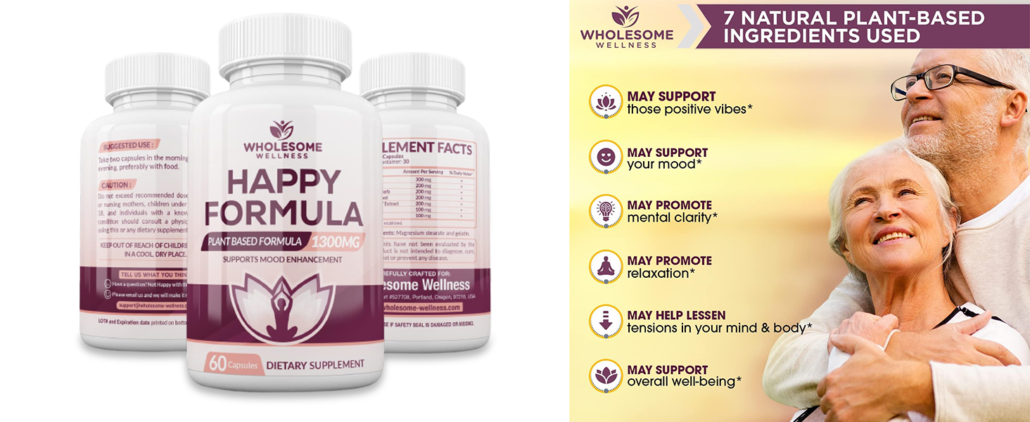 Wholesome Wellness Happy Formula Natural Stress Formula Relief Supplement for Women & Men