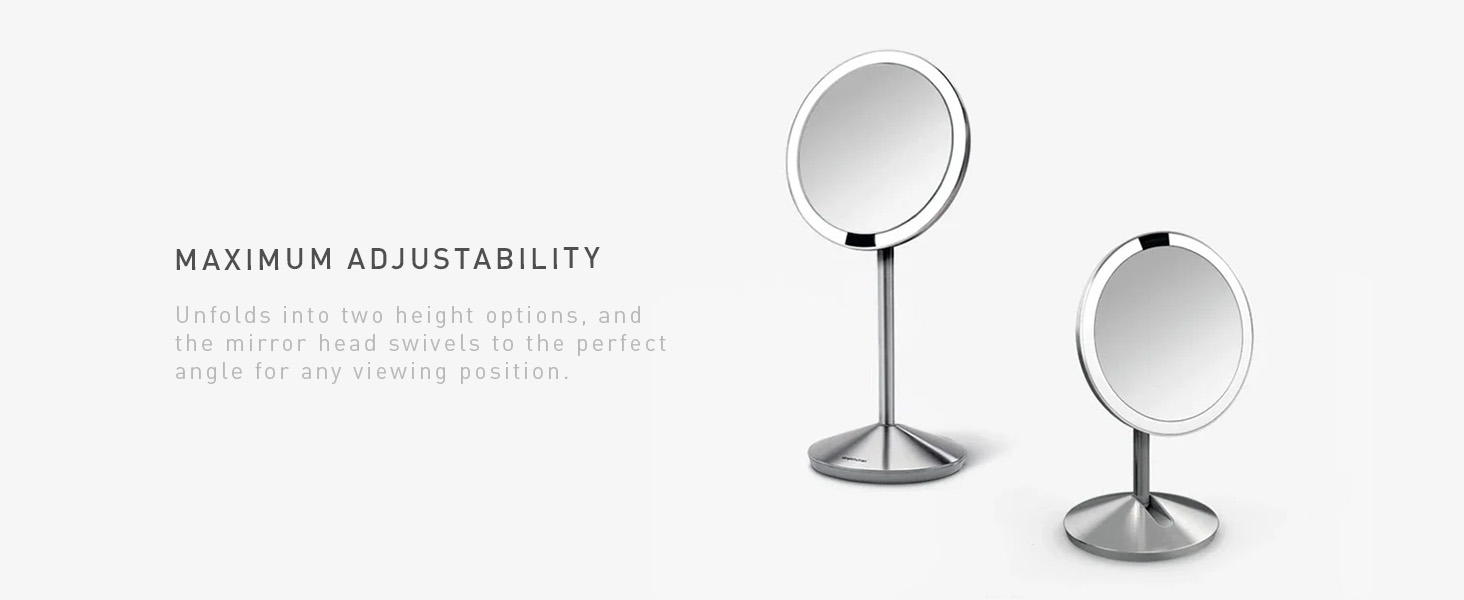 Maximum Adjustability | Unfolds into two height options and the mirror swivels to the perfect angle