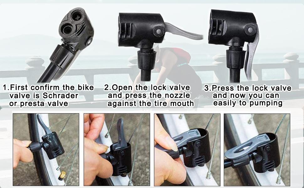 Bicycle tire pump attachment with step-by-step usage instructions. Black plastic device with multiple nozzle options for different valve types. Demonstration images of attachment process.
