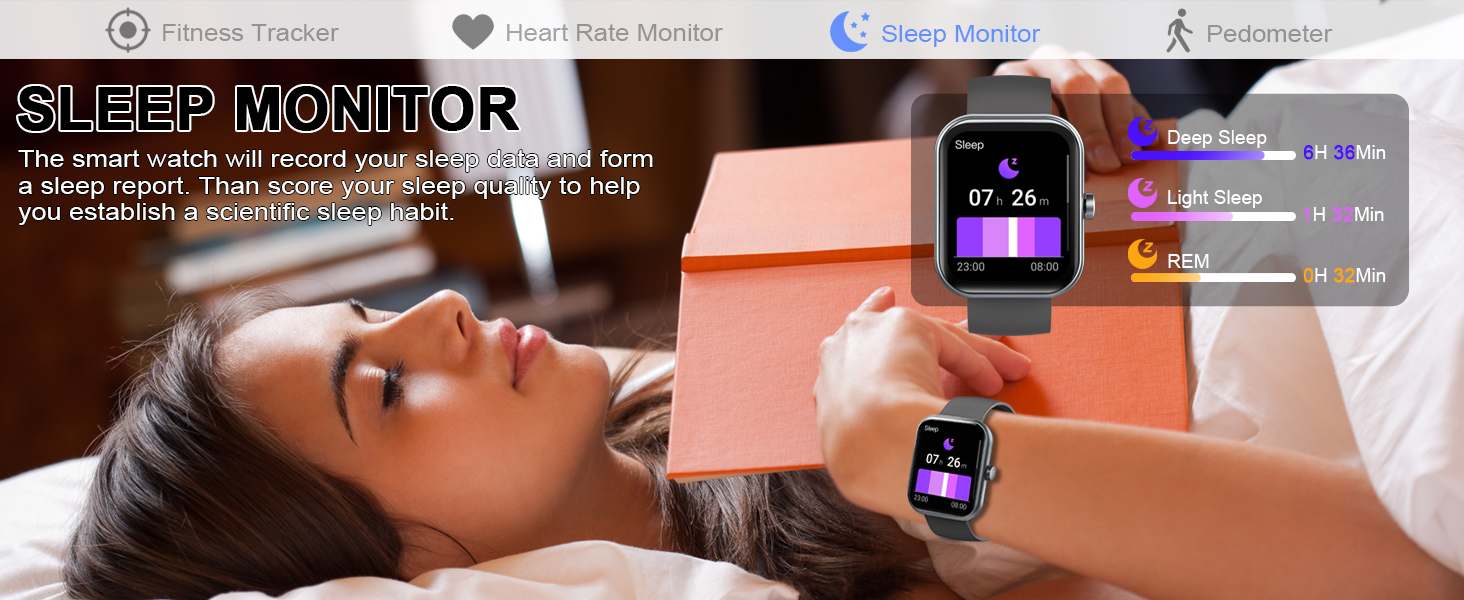 Text reads 'SLEEP MONITOR'. Smartwatch display showing sleep tracking interface with purple-tinted screen and monitoring stats against dark background.