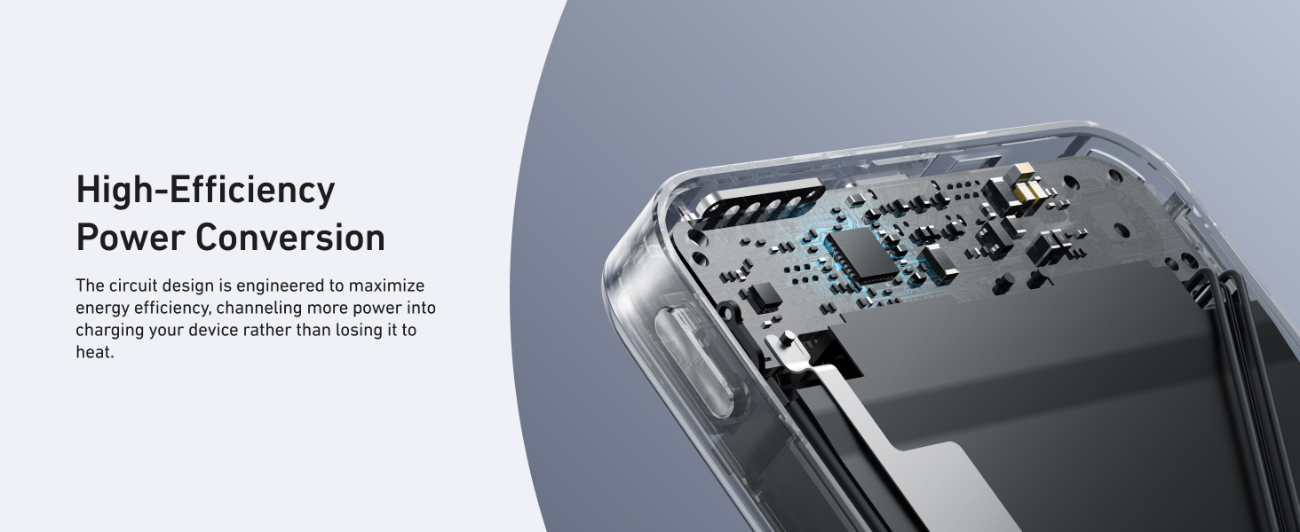 Internal view of an electronic device showing circuit board and power conversion components with high-efficiency design features.