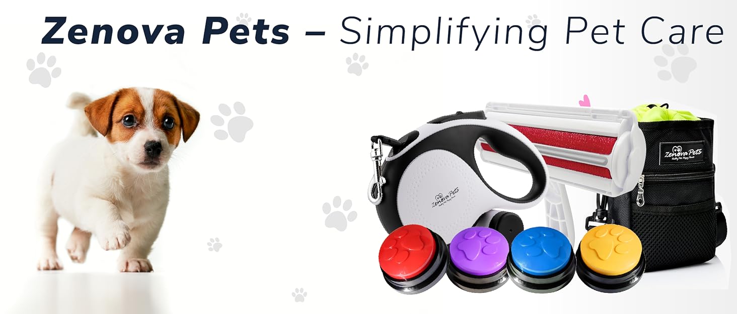 El texto dice «Zenova Pets» «Simplifying Pet Care». Línea de productos que muestra coloridos accesorios y artículos para el cuidado de mascotas sobre un fondo blanco.
