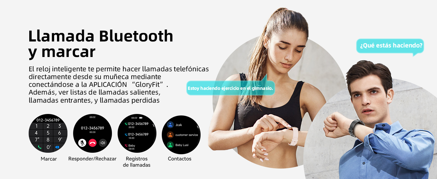 , incluidas las llamadas por Bluetooth y el seguimiento del estado físico. Las imágenes muestran el dispositivo en la muñeca y a personas haciendo ejercicio