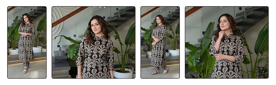 Arayna Women's Pure Cotton Block Printed Ethnic Wear Kurta Set with Palazzo Pants