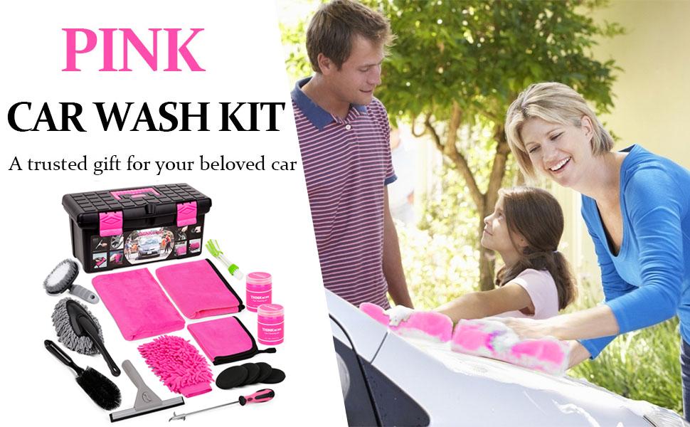 THINKWORK 17Pcs Car Cleaning Kit with Storage Box, Pink Car Washing